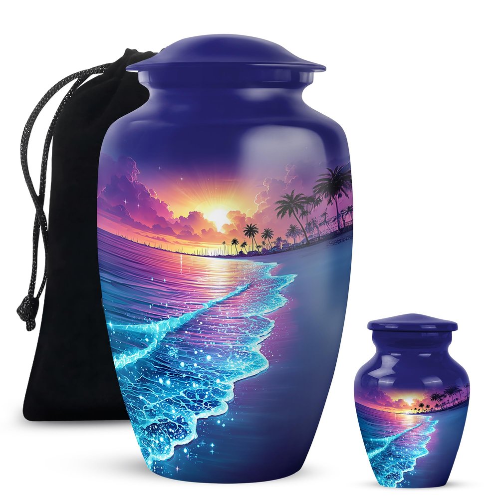 Yatskia Sparkling Beach Purple Large Cremation Urns for Human Ashes Adult Mother and Father, Small Funeral Keepsake Urn for Human Ashes Adult, (Classic 10 Inch and 3 Inch)