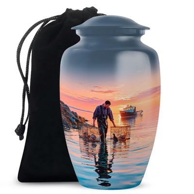Casketique Fishing Cremation Urns for Adult Ashes Male - Large Blue Burial Urn for Ashes for Women - Sunset Memorial Urns for Adult Male - Funeral Urn for Mom and Dad - 10 Inch