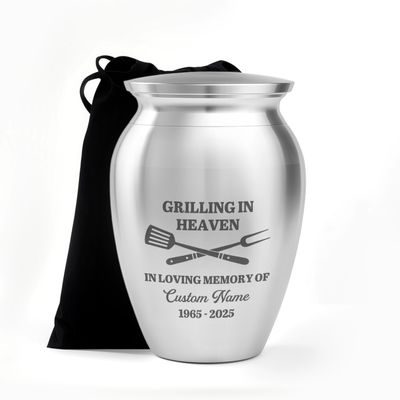 Artsy Woodsy Personalized Grilling Dad Urn Custom Engraved Name & Dates Stainless Steel Keepsake Cremation Urn BBQ Father Memorial