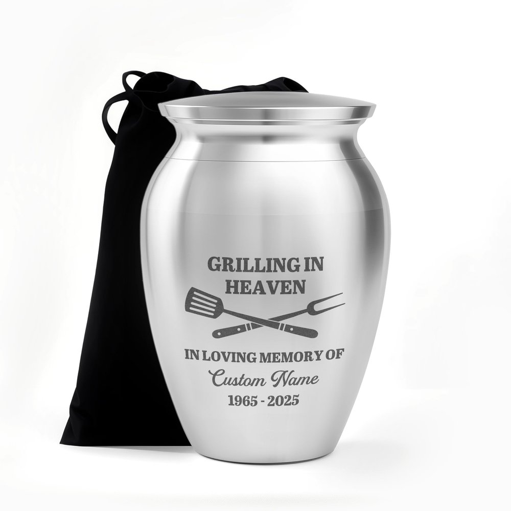 Artsy Woodsy Personalized Grilling Dad Urn Custom Engraved Name & Dates Stainless Steel Keepsake Cremation Urn BBQ Father Memorial