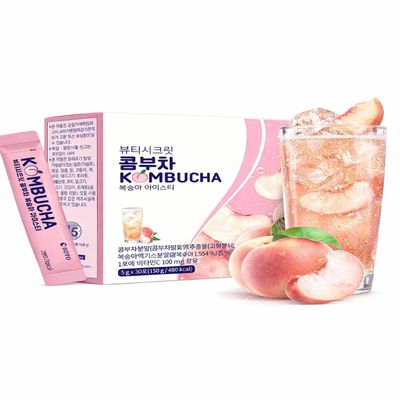 Peach Kombucha Powder Drink Mix, Low Sugar Sparkling Tea Alternative, Refreshing Peach Flavor, Easy-to-Mix Stick Pack, On-the-Go Beverage (30 Sticks)