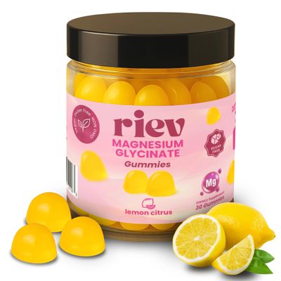 Riev Magnesium Glycinate Gummies 200mg Sugar-Free Supports Relaxation & Muscle Function Vegan, Non-GMO, No Gelatin Lemon Citrus Flavor 30 Gummies