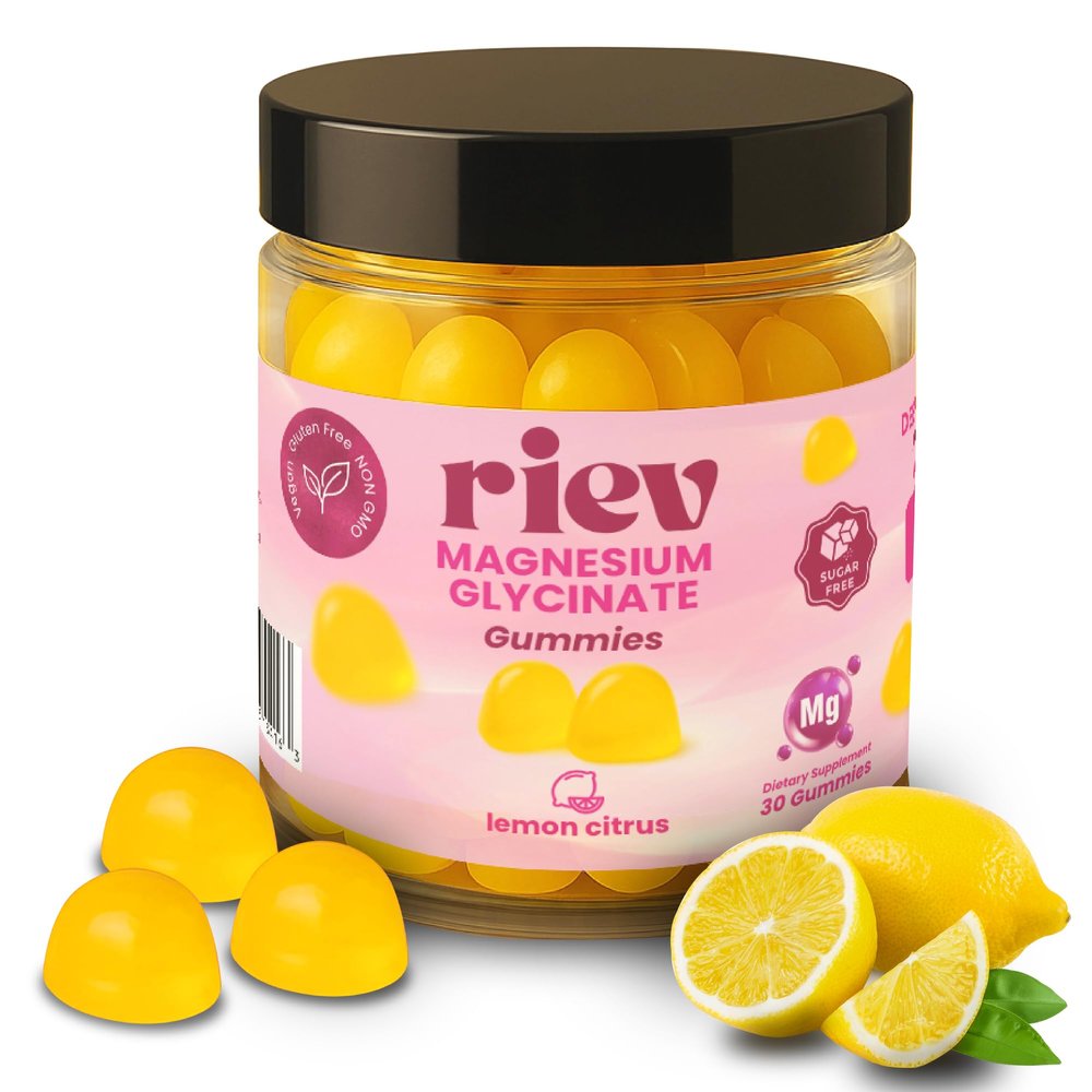 Riev Magnesium Glycinate Gummies 200mg Sugar-Free Supports Relaxation & Muscle Function Vegan, Non-GMO, No Gelatin Lemon Citrus Flavor 30 Gummies