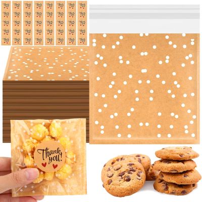 Fuyoooo 100 Pcs Self Adhesive Cookie Bags Cellophane Polka Dot Treat Bags Small Plastic with Thank You Stickers for Party Gift Giving Bakery Biscuit Candy Pastry (3.94 x 3.94 Inch)