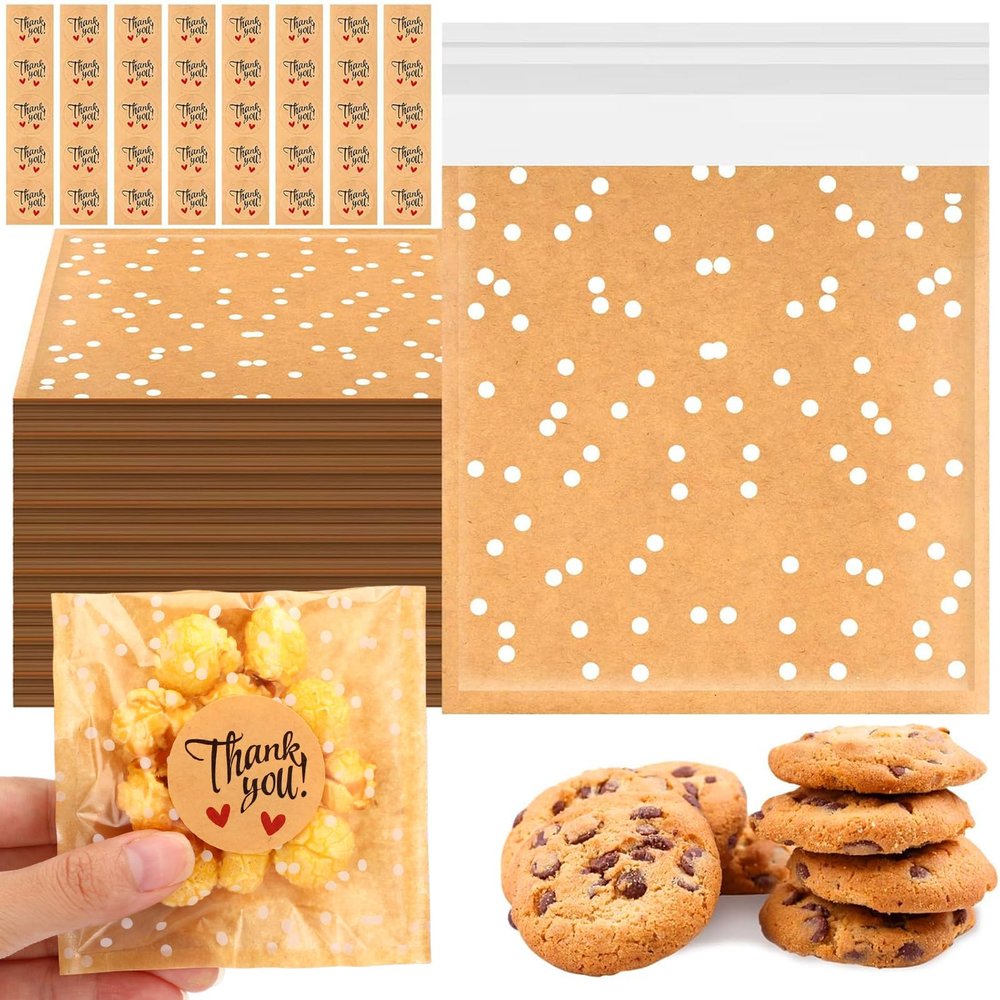 Fuyoooo 100 Pcs Self Adhesive Cookie Bags Cellophane Polka Dot Treat Bags Small Plastic with Thank You Stickers for Party Gift Giving Bakery Biscuit Candy Pastry (3.94 x 3.94 Inch)