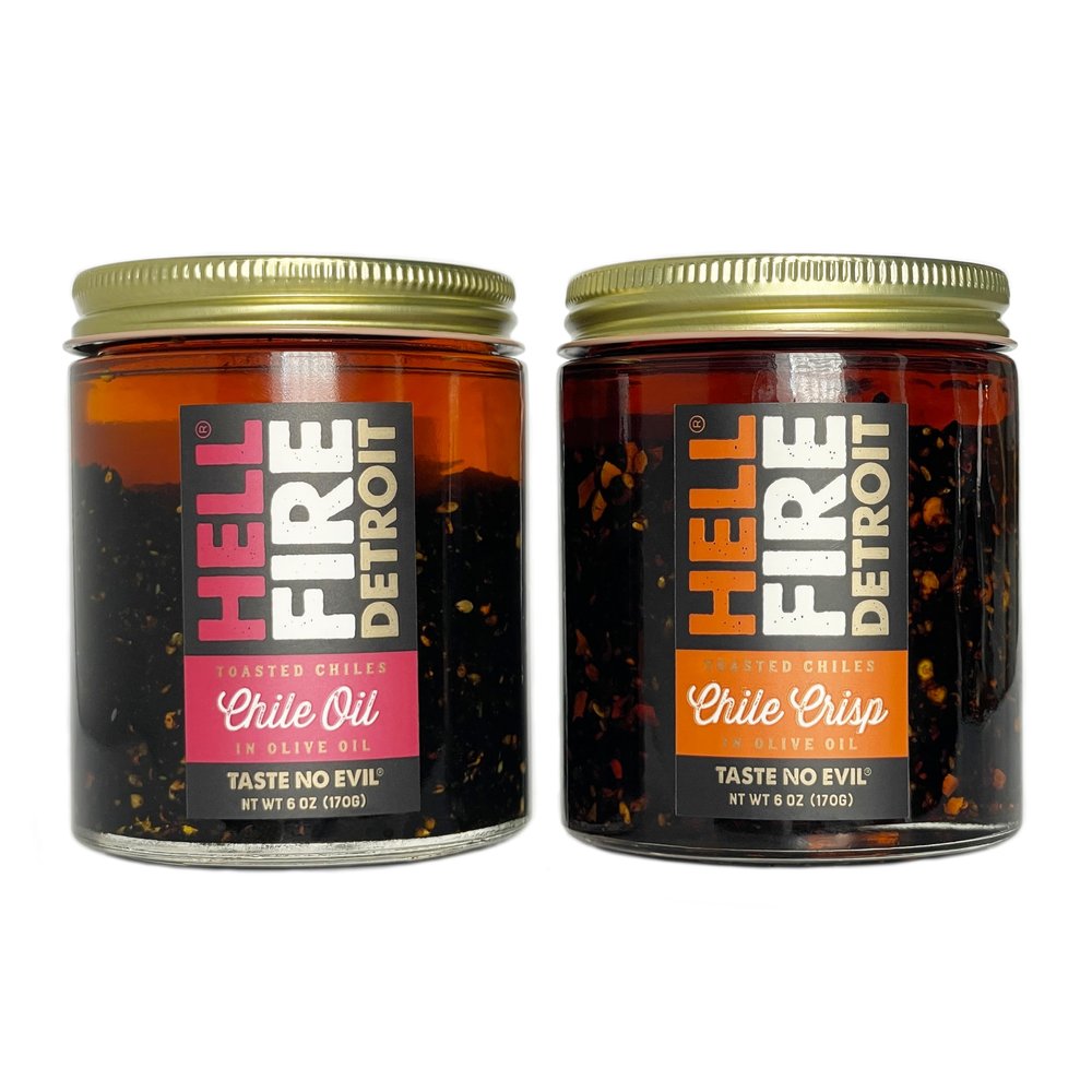 Hell Fire Detroit Chile Oil Hot, Fire-Roasted Blend with Ghost & Piri Piri Chiles, All-Natural, Vegan, Gluten-Free, Low Sodium 4 fl oz (2 Pack, Chile Oil & Chile Crisp)