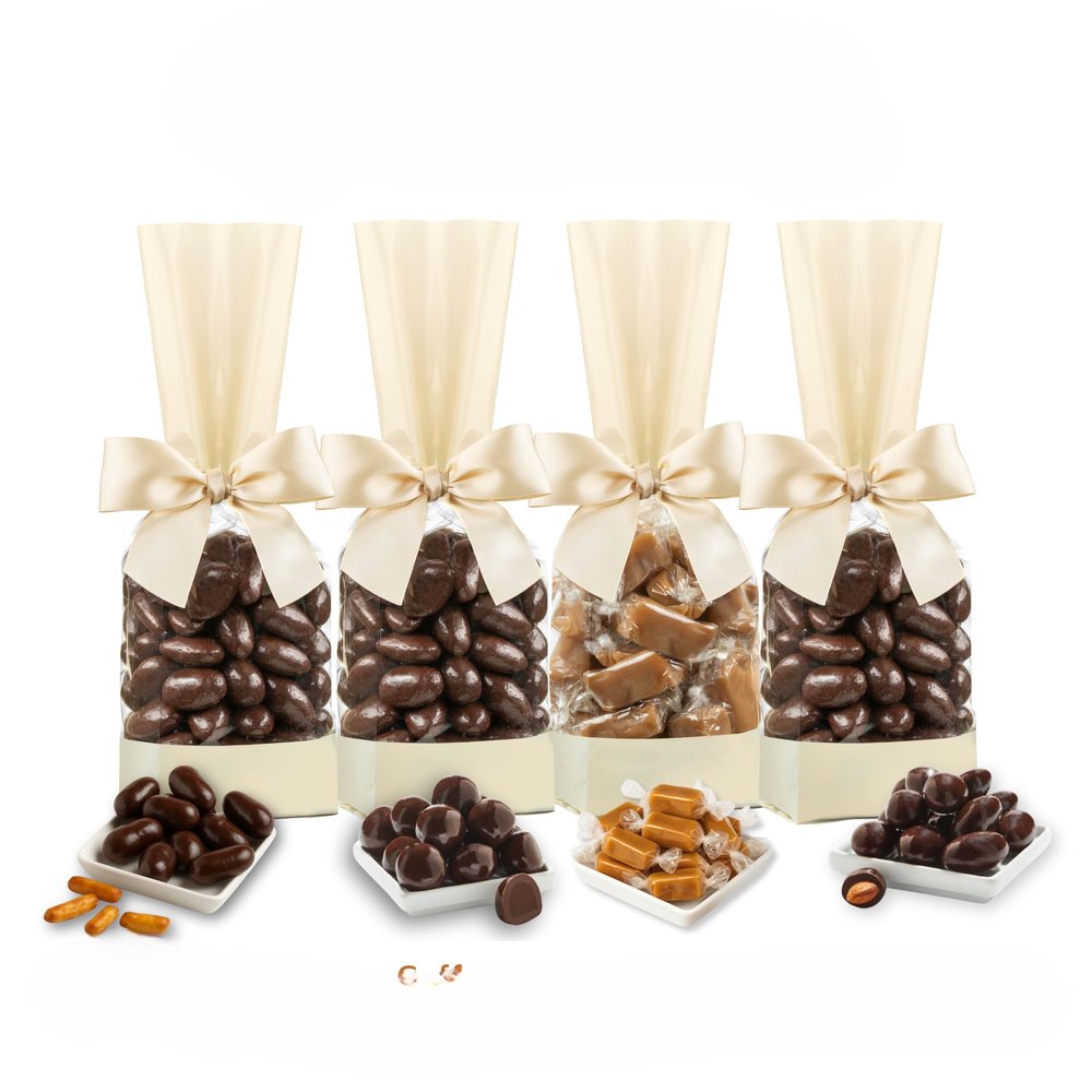 Holiday Chocolate Candy Gift - 4 Bags Gift Set, Dairy Free, Kosher, Vegan Friendly - Dark Belgian Chocolate Covered Pretzels, Caramels, Coffee & Almonds Gourmet Candy Treats