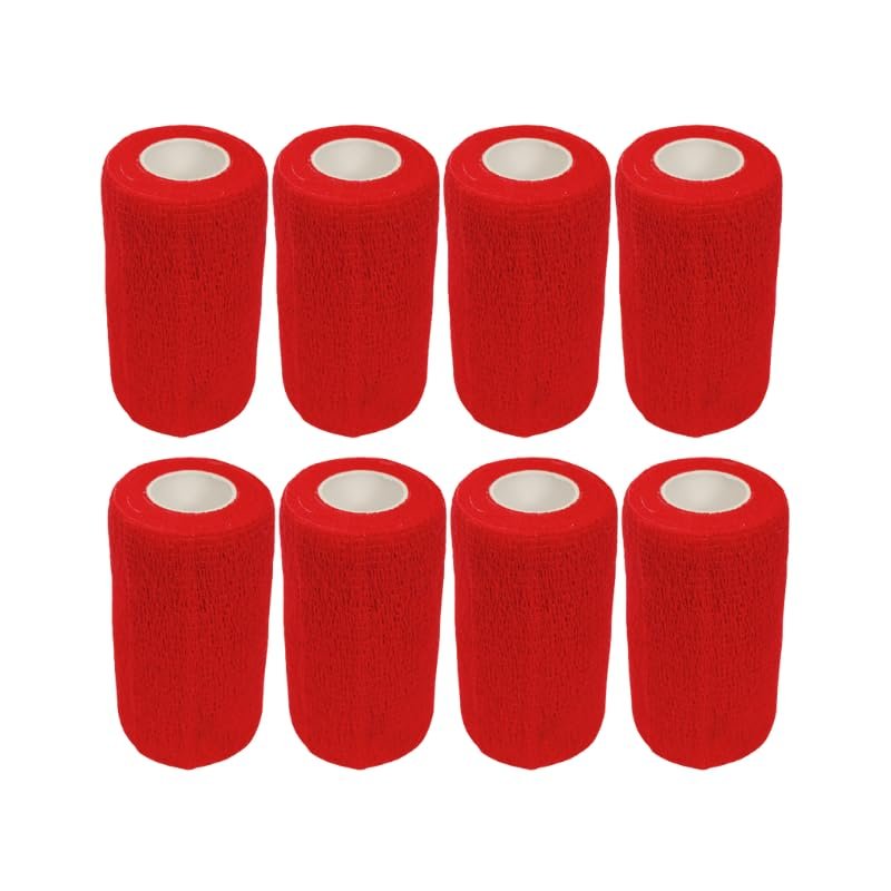 4" Cohesive Flexible Bandage Wrap 8 Pack | Self-Adherent Vet Tape for Animal Use | Breathable, Easy Tear, No Clips Required | Ideal for Horses, Dogs, Livestock, Pets (Red)