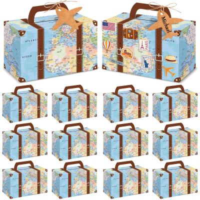 24Pcs Large Suitcase Party Favor Boxes Travel The Map Paper Treat Box with Tags Birthday Supplies Travel Theme Candy Goodie Gift Boxes for Birthday Baby Shower Wedding Adventure Party Table Decoration