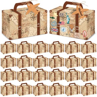 12Pcs Large Suitcase Party Favor Boxes Travel The Map Paper Treat Box with Tags Birthday Supplies Travel Theme Candy Goodie Gift Boxes for Birthday Baby Shower Wedding Vintage Party Table Decoration