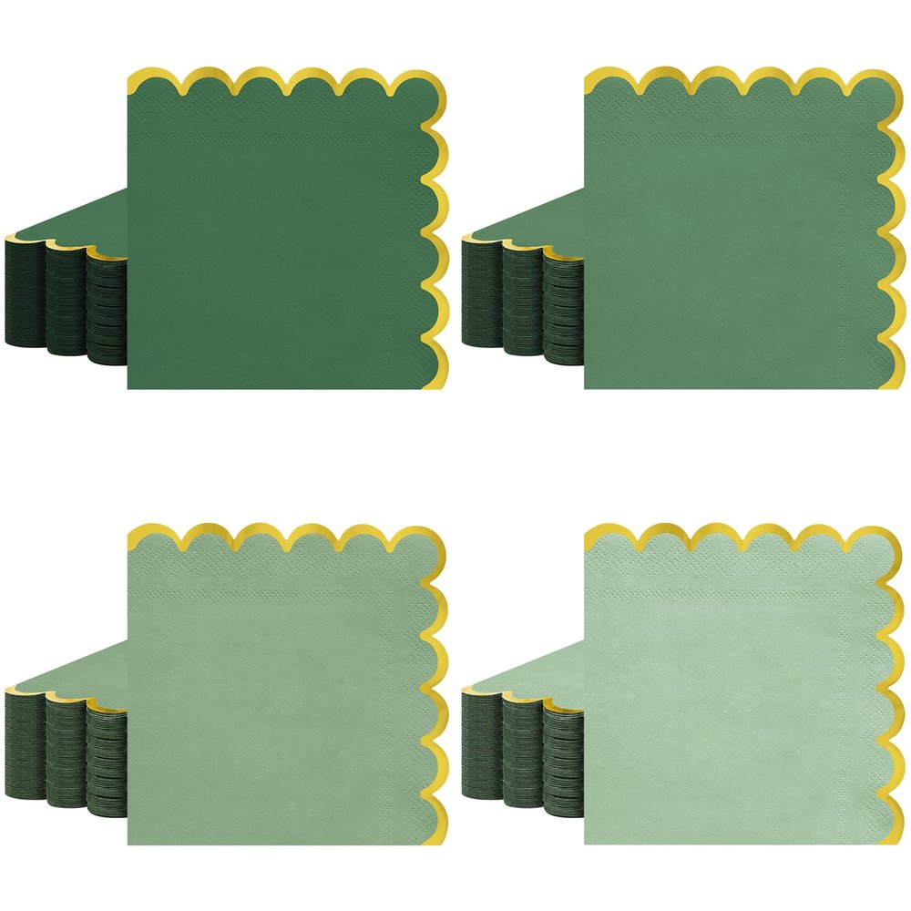 100pack Green Cocktail Napkins - 5 Inch Disposable Dinner Napkins with Gold Foiled Scalloped Edges, Elegant Paper Napkin Beverage Napkin for Wedding, Baby Shower, Bridal Shower, Holiday Party