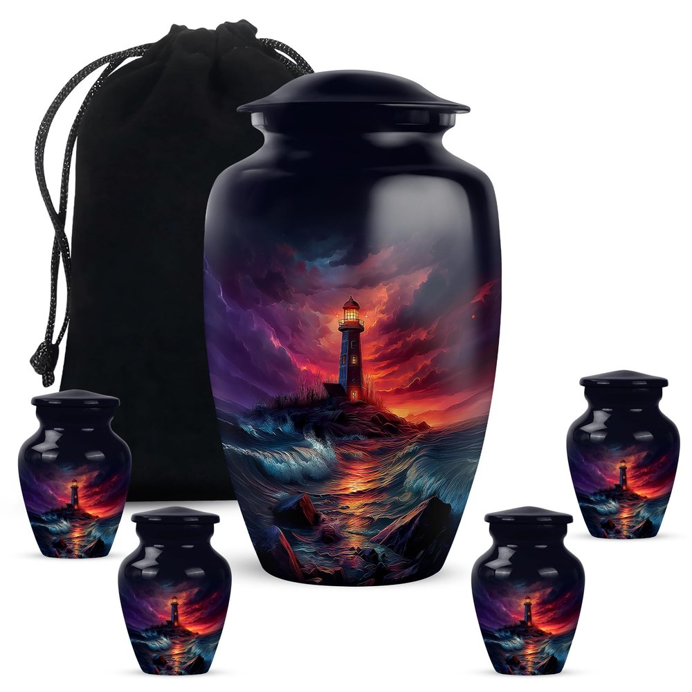 Casketique Lighthouse Cremation Urns for Adult Ashes Women - Large Pink Memorial Urns for Adult Male 1 Large 4 Keepsake- Purple Funeral Urn for Ashes for Women - Black Burial Urn - 10 & 3 Inch