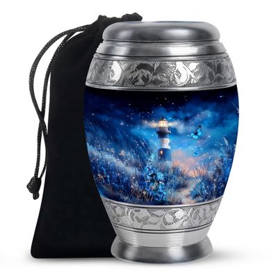 Casketique Lighthouse Burial Urns for Adult Male - Large Blue Cremation Urn for Mother - Decorative Funeral Urn for Ashes for Women - Memorial Urns for Human Ashes - 10 Inch