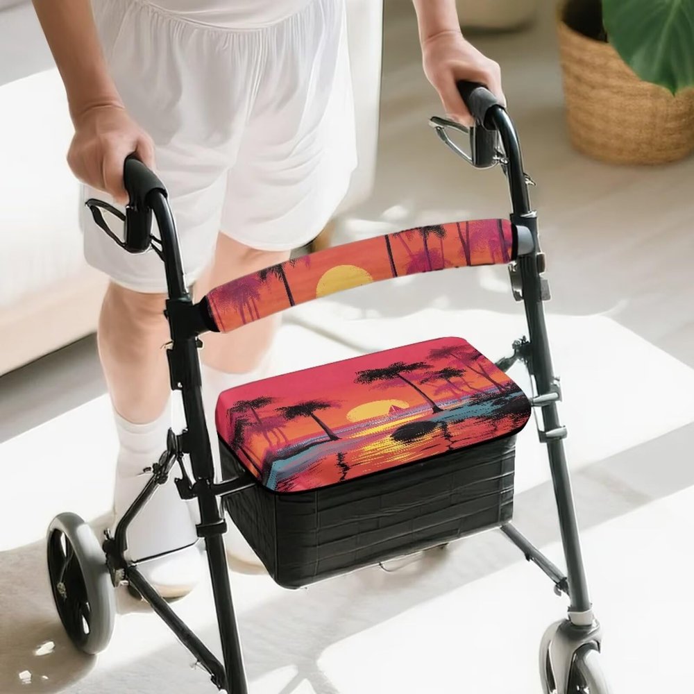 PJHEQOXE Dusk Palm Print Rollator Walker Seat & Back Cover, Removable & Washable Anti-Slip, Wear-Resistant and Impact-Reducing
