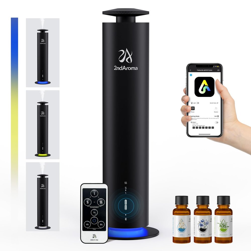 2ndAroma Waterless Scent Diffuser Starter Kit, Diffusers for Home Office Hotel 1000 Sq Ft Coverage, Cordless Essential Oil Diffuser Large Room with 3 Mood Lights, 3 Scent Oils, App Control, Black