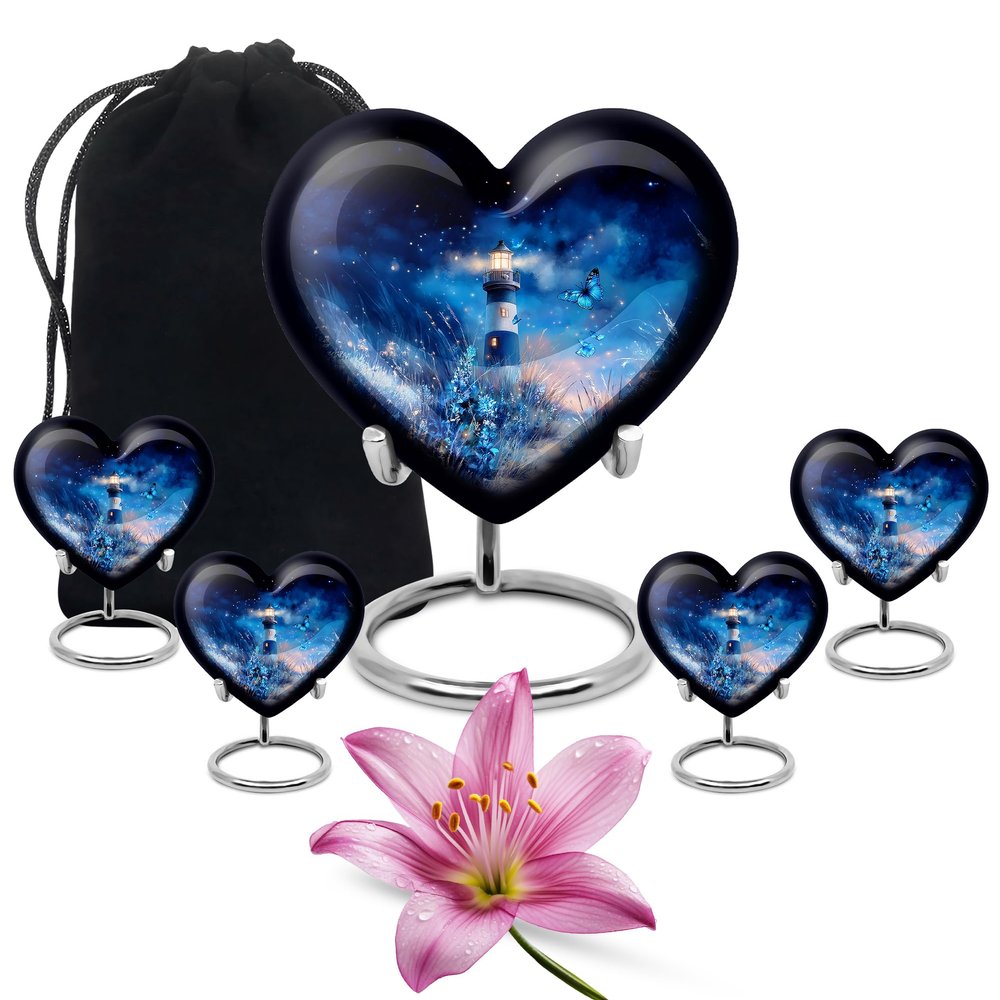 Casketique Lighthouse Cremation Urns for Adult Ashes Women - Blue Funeral Urns for Adult Male Burial Urn for Mom 1 Large 4 Keepsake - Decorative Burial Urn for Human Ashes Mom & Dad - 8 & 3 Inch