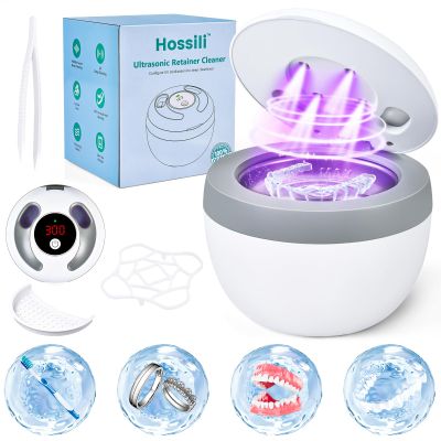 Hossili Ultrasonic Retainer Cleaner Machine, 45kHz 200ML Dental Cleaning Pod with 4 Wash Modes, Digital Timer for Denture Cleaner, Aligners, Mouth Guards, Braces, Jewelry & Toothbrush Heads (White)
