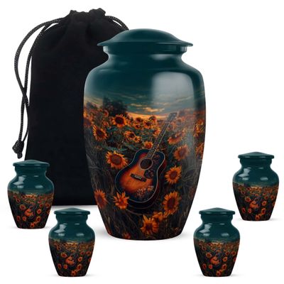 JAGLASH Guitar & Sunflowers Cremation Urns for Ashes Adult Male Large - Blue Decorative Funeral Urn - Keepsake Memorial Urn - Remain Holders for Mom - Remembrance Gift for Loss (1 Large & 4 Keepsake)