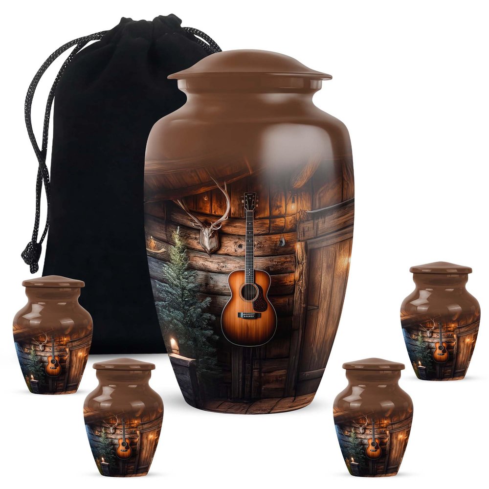 JAGLASH Guitar Cremation Urns for Human Ashes Large - Keepsake Brown Funeral Urn for Adult Female & Male - Decorative Cremains Containers for Father - Remembrance Gift for Loss (1 Large & 4 Keepsake)