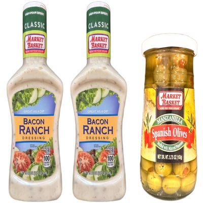 Bacon Ranch Dressing Market Basket 16oz (Pack of 2) | Low Sugar, Light Ranch, Creamy Buttermilk, Keto-Friendly, Healthy Salad Dressing & Manzanilla Spanish Olives