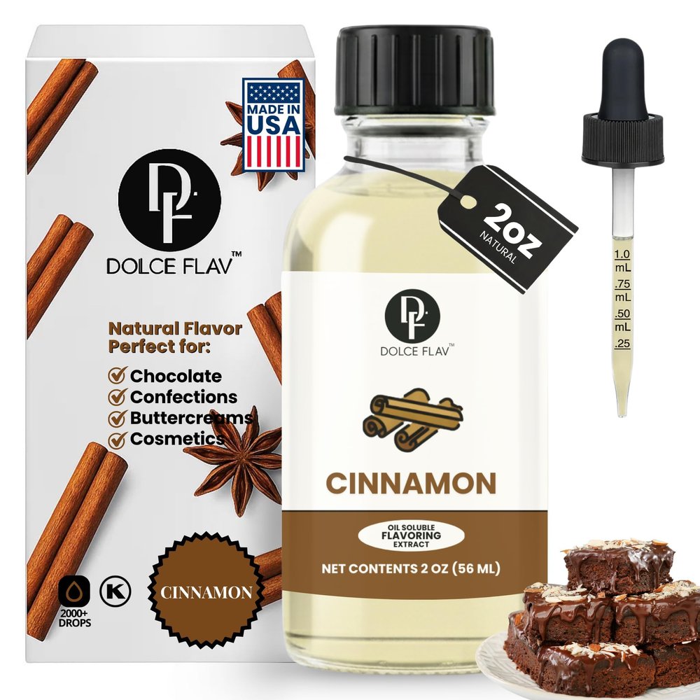 Dolce Flav Natural Cinnamon Extract 2 Ounce Oil-Soluble Kosher, Sugar-Free, Concentrated Spice Flavor for Candy, Chocolates & Desserts, Includes Measured Dropper