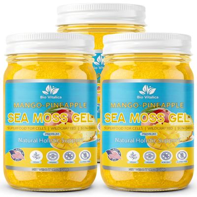 Sea Moss Gel by BioVitalica - Irish sea Moss raw Organic - Premium Quality - Dr Sebi, Vegan superfood for Cells - 100% Natural Seamoss Gel - (Pack of 3, Mango-Pineapple)