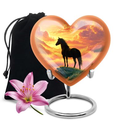 KARYLIZ Horse Heart Shaped Urns for Human Ashes Adult Female - Pink Funeral Urns for Human Ashes Adult Male - Large Cremation Urn for Women & Men - Burial Decorative Urn for Mom - Velvet Bag 10 Inch