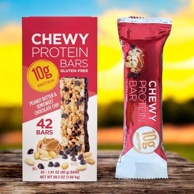 Chewy Protein Bars 42 Pack, 1.41 oz Each Peanut Butter & Chocolate Chip Gluten Free & Kosher Snack + VSL STICKER