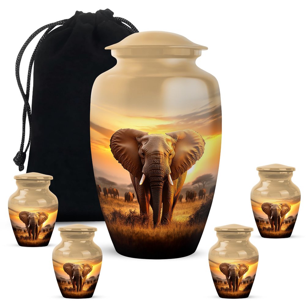 Remembrate Elephant Small Urns for Human Ashes Adult Male 10 Inch, 4 Keepsake Set - Sunrise Urn for Adult Female Ashes - Field Memorial Burial Urns for Cremated Remains - Memorial Large Urn