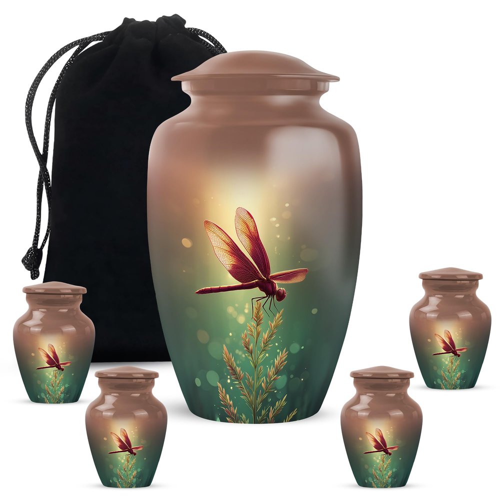 Casketique Dragonfly Cremation Urns for Adult Ashes Women 1 Large 4 Keepsake - Brown Memorial Funeral Urns for Adult Male - Green Burial Urn for Ashes for Women - 10 & 3 Inch Combo
