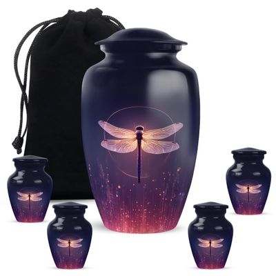 Casketique Dragonfly Montmartre Burial Urns for Human Ashes Adult Male 1 Large 4 Keepsake - Purple Funeral Urns for Adult Male - Funeral Urn for Ashes for Women - 10 & 3 Inch Combo
