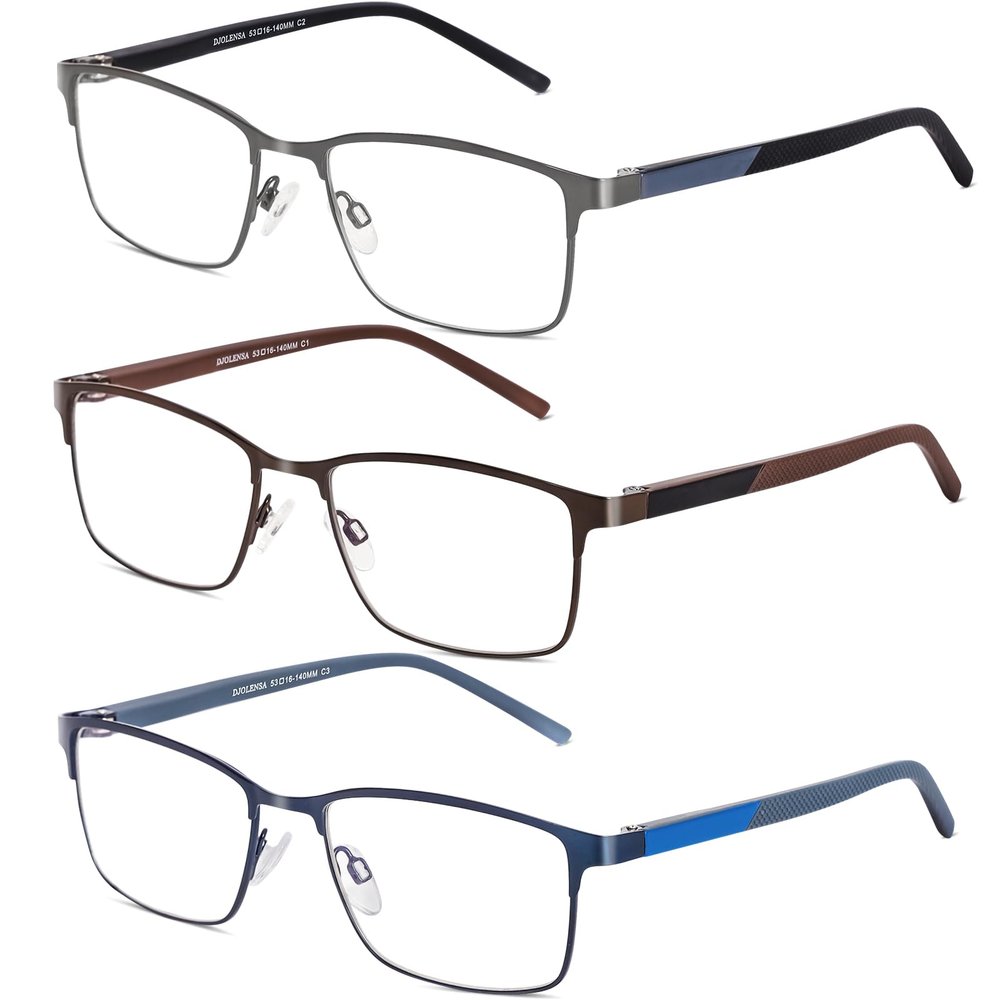 DJOLENSA 3 Pack Reading Glasses Men, Blue Light Blocking Reading Glasses 4.0, Anti Eyestrain/Glare/UV, Metal Frame Spring Hinge Computer Readers with Pouches (4.0+)
