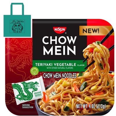 Jae's Warehouse Chow Mein Teriyaki Vegetable Noodles Ramen, includes 8 packs of ramen 4 oz packs. Ready to Cook & Eat Snack Breakfast Home Kitchen Pantry Staple College Gift~Includes Jaes Tote Bag & Topflappen