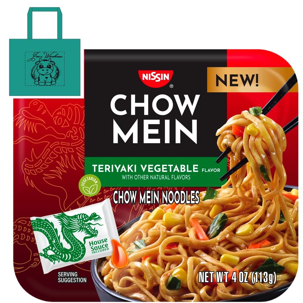 Jae's Warehouse Chow Mein Teriyaki Vegetable Noodles Ramen, includes 8 packs of ramen 4 oz packs. Ready to Cook & Eat Snack Breakfast Home Kitchen Pantry Staple College Gift~Includes Jaes Tote Bag & Topflappen