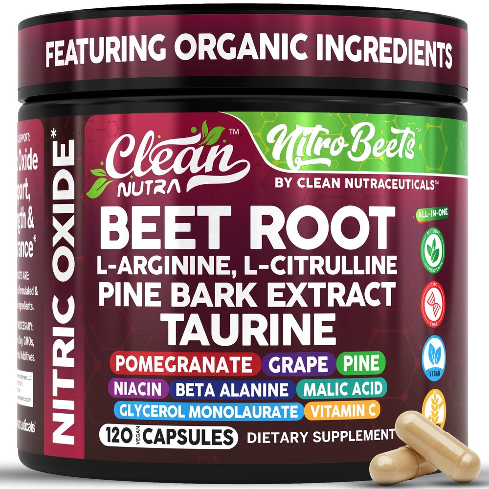 Clean Nutra Organic Beet Root Capsules L Arginine L Citrulline Pine Bark Nitric Oxide Beetroot Powder Arginine Citrulline Supplement Pre Workout Supplements Extract 120 Vegan Pills