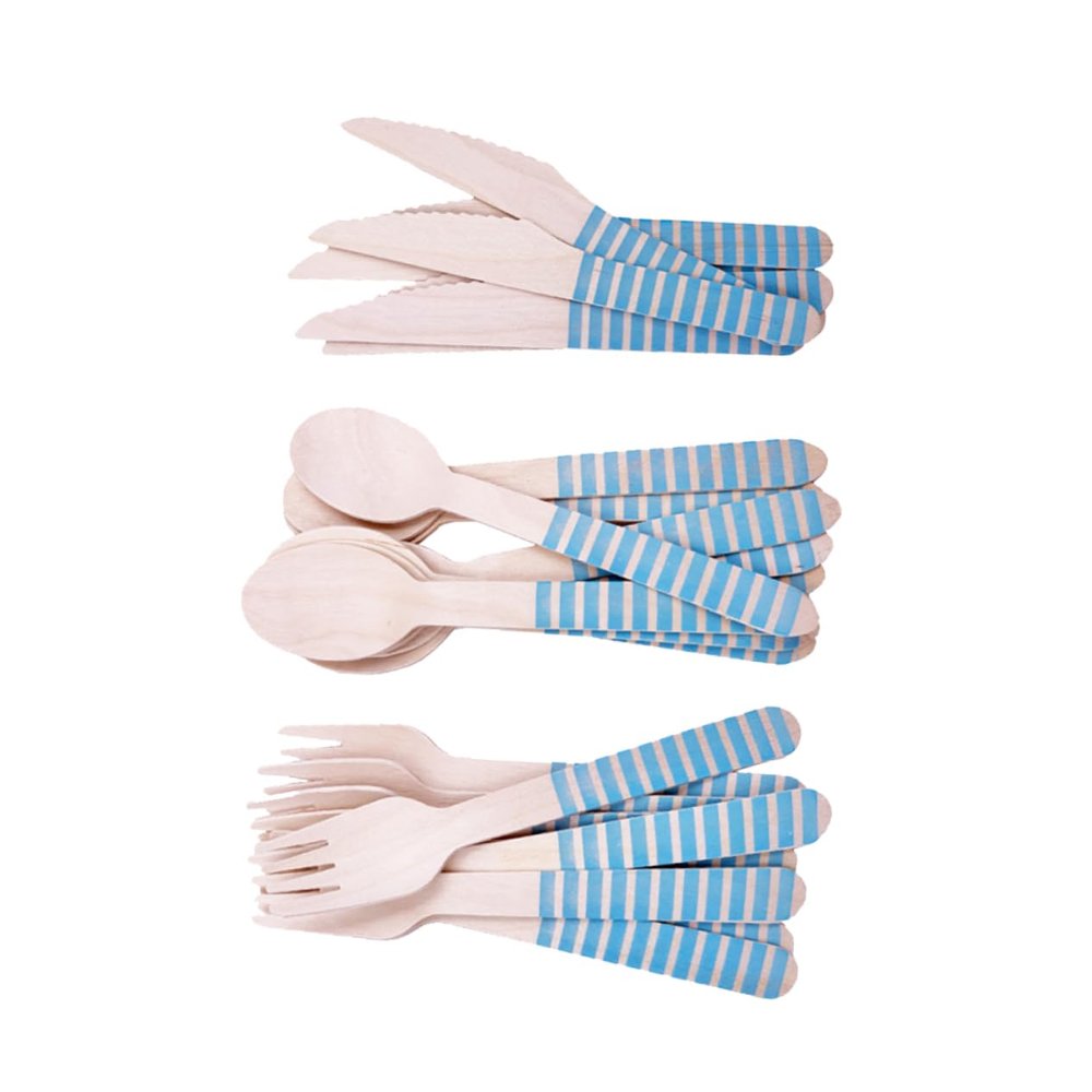 48Pcs Blue Wooden Disposable Cutlery Set, Biodegradable Forks Spoons