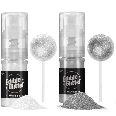 Sujoygar Edible Glitter Spray 2 Colors, White and Silver Edible Glitter for Cocktails, Shimmer Powder Luster Dust Edible for Cake Drink Strawberrie Cupcake Cookies Wedding Baking Decoretion, Vegan(5g/Bottle)