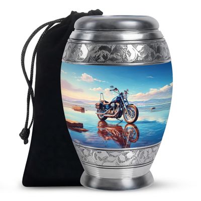 Casketique Motorcycle Cremation Urn for Ashes for Women - Large Blue Funeral Urns for Adult Male - Beach Memorial Urns for Mom Dad - Funeral Urn for Human Ashes 10 Inch