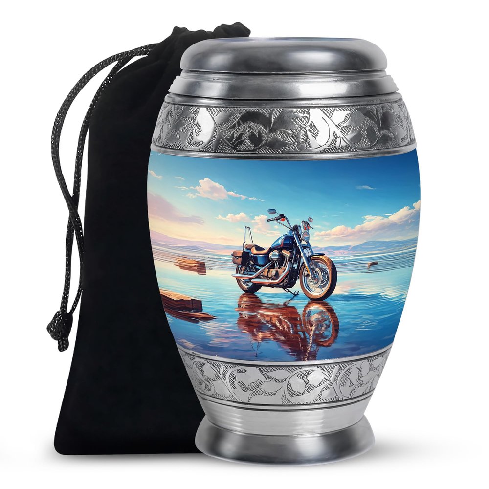 Casketique Motorcycle Cremation Urn for Ashes for Women - Large Blue Funeral Urns for Adult Male - Beach Memorial Urns for Mom Dad - Funeral Urn for Human Ashes 10 Inch