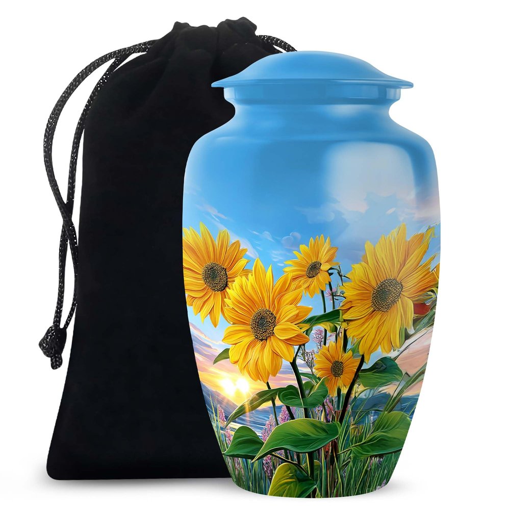 Casketique Sunflower Cremation Urns for Adult Male - Large Blue Memorial Funeral Urn for Ashes for Women - Decorative Flower Memorial Funeral Gift - 10 Inch
