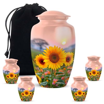 Casketique Sunflower Cremation Urns for Adult Ashes Male - Burial Urn for Ashes for Women 1 Large 4 Keepsake - Memorial Urns for Adult Male - Funeral Urn for Mom and Dad -3 & 10 Inch