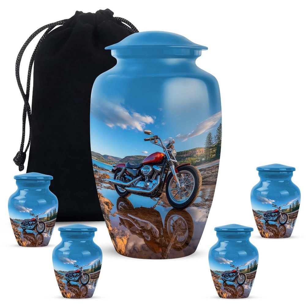 Casketique Motorcycle Funeral Urn for Ashes for Women - Cremation Urns Adult Male Ashes 1 Large 4 Keepsake - Memorial Urn for Mom - Funeral Ash Container for Dad -3 & 10 Inch