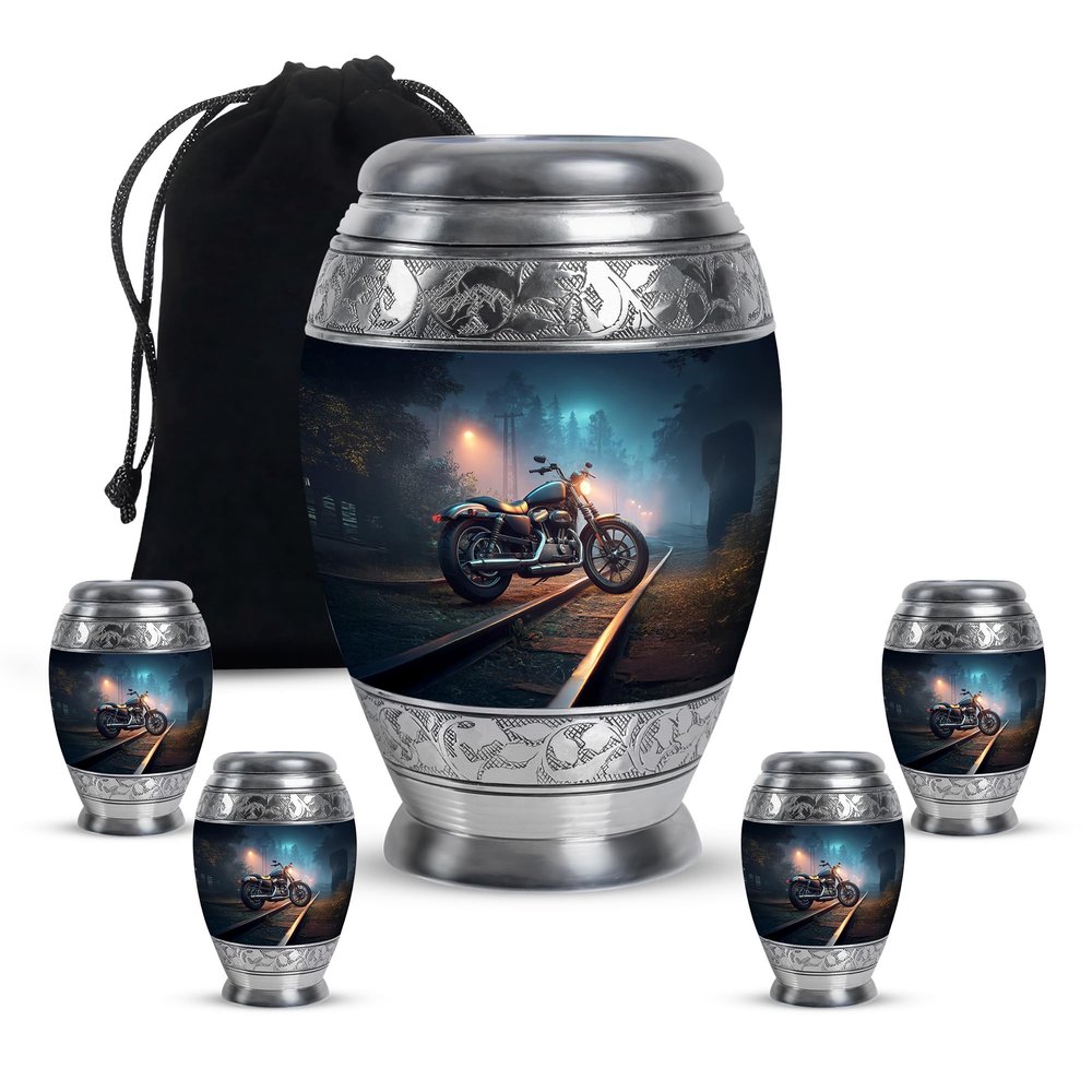 Casketique Motorcycle Cremation Urns for Human Ashes Adult Man 1 Large 4 Keepsake - Burial Urn for Ashes for Women - Memorial Urns for Adult Male - Funeral Urn for Mom and Dad - 3 & 10 Inch