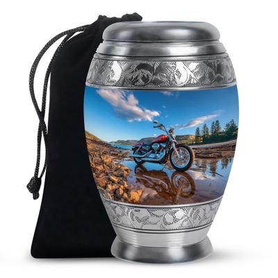 Casketique Motorcycle Burial Urns for Human Ashes Adult Female - Large Blue Memorial Urns for Adult Male - Landscape Memorial Cremation Urn for Ashes for Women - 10 Inch
