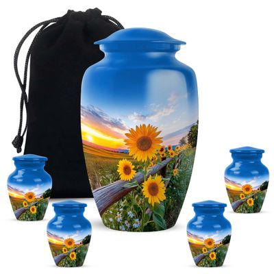 Casketique Sunflower Urns for Human Ashes Adult Man 1 Large 4 Keepsake - Urn for Ashes for Women - Burial Urn for Adult Male - Memorial Ash Container for Human - 3 & 10 Inch