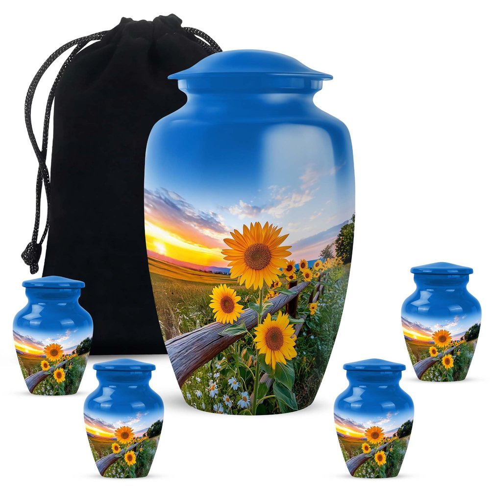 Casketique Sunflower Urns for Human Ashes Adult Man 1 Large 4 Keepsake - Urn for Ashes for Women - Burial Urn for Adult Male - Memorial Ash Container for Human - 3 & 10 Inch