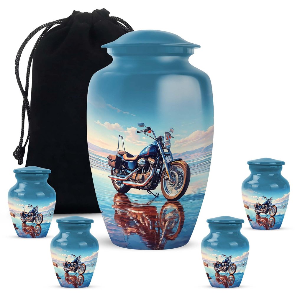 Casketique Motorcycle Cremation Urns for Adult Ashes Women - Burial Urn for Ashes for Women 1 Large 4 Keepsake - Memorial Containers for Dad and Mom - Funeral Gift - 3 & 10 Inch