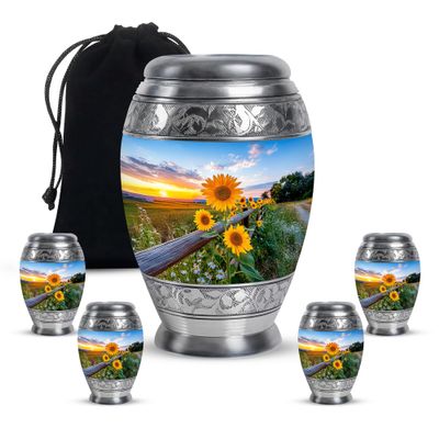 Casketique Sunflower Burial Urns for Human Ashes Adult Man - Cremation Urn for Adult 1 Large 4 Keepsake - Memorial Burial Urn for Ashes for Women - Funeral Urns for Mom and Dad -3 & 10 Inch