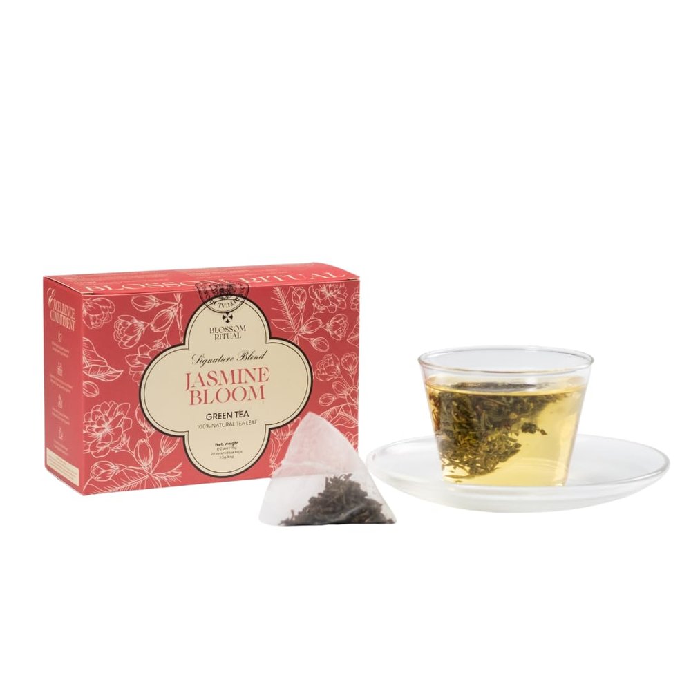 BLOSSOM RITUAL Jasmine Bloom Floral Green Tea Loose Leaf 20 Corn Based Pyramid Bags Serve Upto 60 cups Jasmine Petal Infusion Stress Relief & Rich Antioxidants | 2.65oz