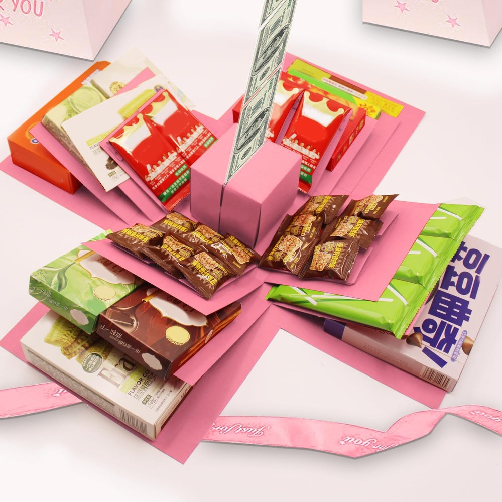 5-Layer creative explosion gift box, gift wrap box. Creating a 5-Layer of various gifts by yourself. An ideal, mysterious self-made gift for birthday, Christmas and anniversaries. (Pink, Square)